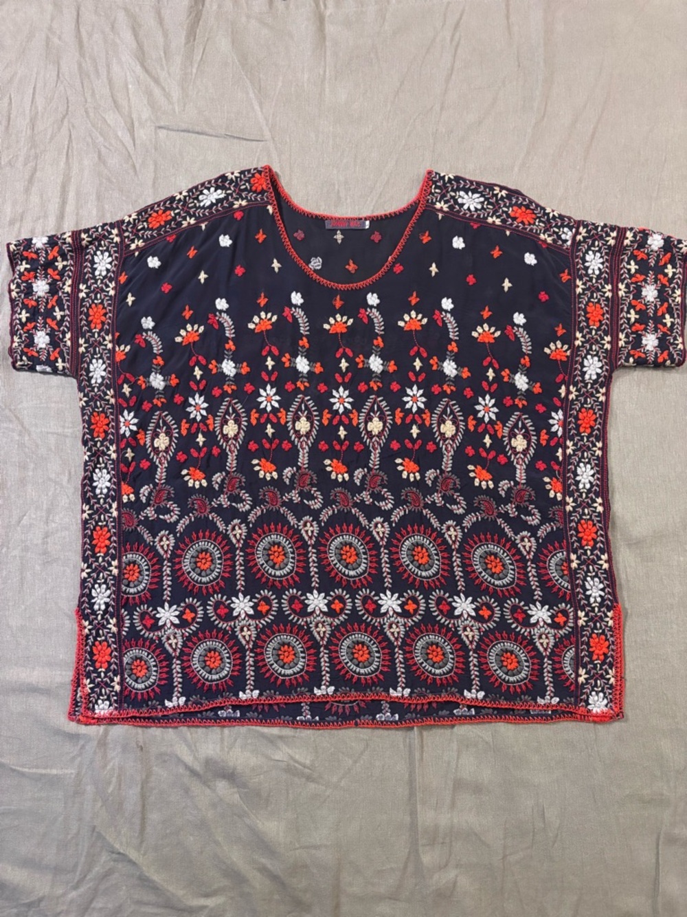 Johnny Was Black Tunic with Red and White Floral Embroidery